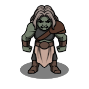 A half-orc barbarian in leather armor stands ready to fight.