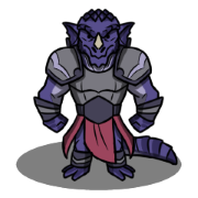 A purple dragonborn fighter stands ready to fight.
