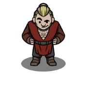 A dwarven rogue in a red tunic, standing with hands on hips.