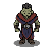 A half-orc warlock stands ready to fight.