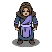 A half-elf wizard in a blue robe stands ready to fight.
